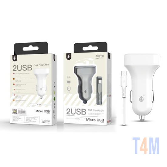 ONE PLUS A6260 CAR LIGHTER CHARGER WITH MICRO USB CABLE, 2USB, 2.4A WHITE ( 2002171 )